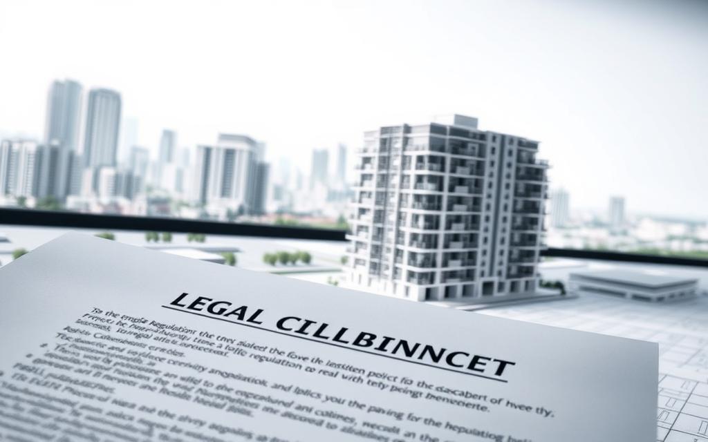 A Detailed Architectural Plan Of A Modern Apartment Building, Showcasing Its Legal Compliance Features. The Foreground Depicts A Close-Up View Of A Contract Or Legal Document, Highlighting Regulations And Guidelines Relevant To Property Management. The Middle Ground Features A Three-Dimensional Model Of The Building, With Its Various Floors, Units, And Common Areas Clearly Visible. The Background Depicts A City Skyline, Suggesting The Larger Urban Context In Which The Property Is Situated. The Lighting Is Soft And Diffused, Creating A Professional And Authoritative Mood. The Overall Composition Conveys The Importance Of Navigating The Legal Complexities Of Real Estate Management.