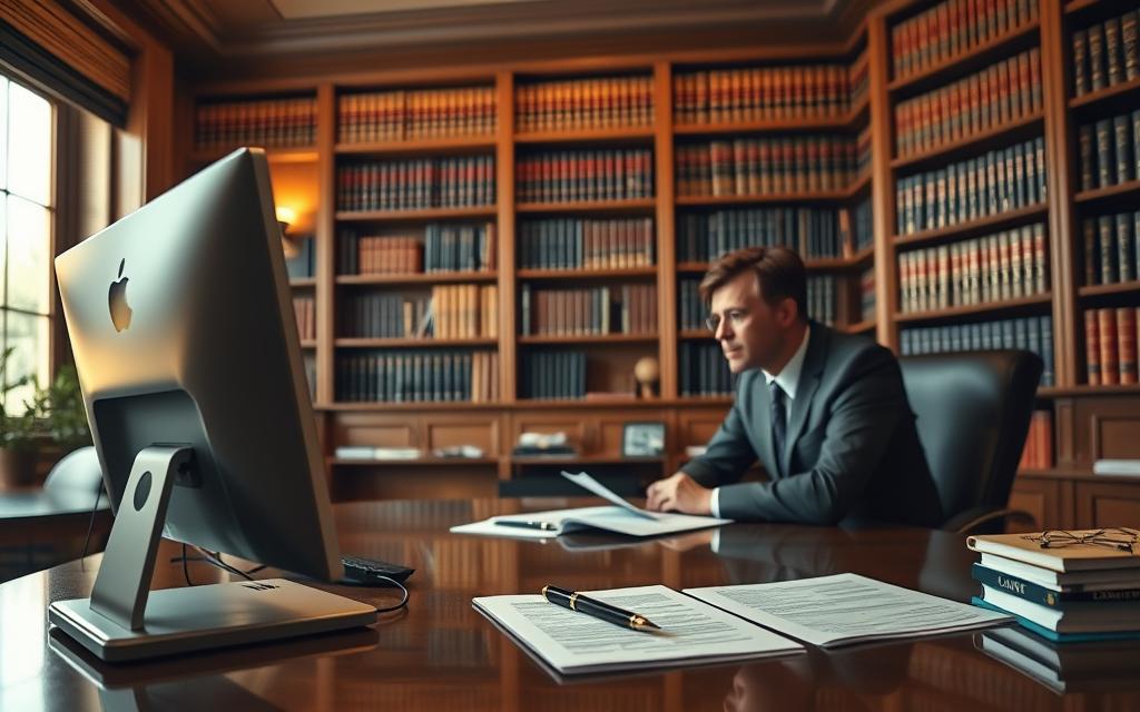A Law Office Interior Scene, With A Desk In The Foreground Featuring A Computer, Pen, And Legal Documents. Two People, A Client And A Lawyer, Sit Across From Each Other, Engaged In A Serious Discussion. Warm, Directional Lighting From A Window Casts A Soft Glow, Creating An Atmosphere Of Professionalism And Trust. The Background Showcases Floor-To-Ceiling Bookshelves, Filled With Legal Tomes, Suggesting The Depth Of Expertise Available. The Scene Conveys The Process Of A Client Carefully Selecting The Right Legal Representation For Their Case, With The Guidance And Advice Of An Experienced Attorney.
