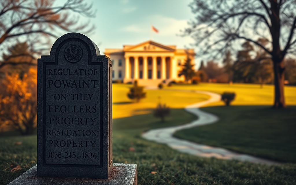 An Imposing Government Building, Its Stately Facade Bathed In Warm, Golden Light, Stands As The Focal Point Of The Scene. In The Foreground, A Gravestone Rests Solemnly, Its Intricate Details Etched Into The Weathered Stone. The Middle Ground Reveals A Lush, Rolling Landscape, Dotted With Trees And Punctuated By A Winding Path That Leads Towards The Administrative Structure. The Atmosphere Is One Of Solemn Contemplation, The Air Thick With The Weight Of Regulations And The Responsibilities They Entail. A Sense Of Reverence And Contemplation Permeates The Scene, Inviting The Viewer To Consider The Intersection Of Mortality, Property, And Civic Obligations. The Overall Composition Is Balanced, With The Architectural Grandeur Of The Government Building Contrasting With The Humble Gravestone, Creating A Visual Metaphor For The Complex Interplay Between Individual And State. The Careful Use Of Lighting And Perspective Lends A Sense Of Depth And Drama To The Image, Ensuring A Visually Compelling And An Imposing Government Building, Its Stately Facade Bathed In Warm, Golden Light, Stands As The Focal Point Of The Scene. In The Foreground, A Gravestone Rests Solemnly, Its Intricate Details Etched Into The Weathered Stone. The Middle Ground Reveals A Lush, Rolling Landscape, Dotted With Trees And Punctuated By A Winding Path That Leads Towards The Administrative Structure. The Atmosphere Is One Of Solemn Contemplation, The Air Thick With The Weight Of Regulations And The Responsibilities They Entail. A Sense Of Reverence And Contemplation Permeates The Scene, Inviting The Viewer To Consider The Intersection Of Mortality, Property, And Civic Obligations. The Overall Composition Is Balanced, With The Architectural Grandeur Of The Government Building Contrasting With The Humble Gravestone, Creating A Visual Metaphor For The Complex Interplay Between Individual And State. The Careful Use Of Lighting And Perspective Lends A Sense Of Depth And Drama To The Image, Ensuring A Visually Compelling And