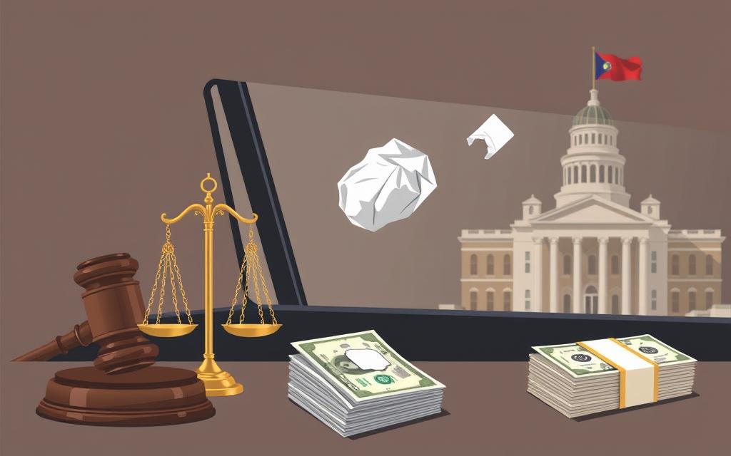 A Finely Detailed Illustration Showcasing The Legal Consequences For A First Offense Of Littering From A Car Window. Set Against A Muted, Formal Backdrop, The Foreground Depicts A Gavel, Scales Of Justice, And A Stack Of Dollar Bills, Symbolizing The Financial Penalties. The Middle Ground Features A Car Window With A Crumpled Paper Ball Being Tossed Out, While In The Background, A State Flag And Civic Building Hint At The Legislative And Municipal Authorities Responsible For Enforcing These Laws. The Overall Mood Is One Of Seriousness And Gravity, Highlighting The Importance Of Proper Waste Disposal And Civic Responsibility.