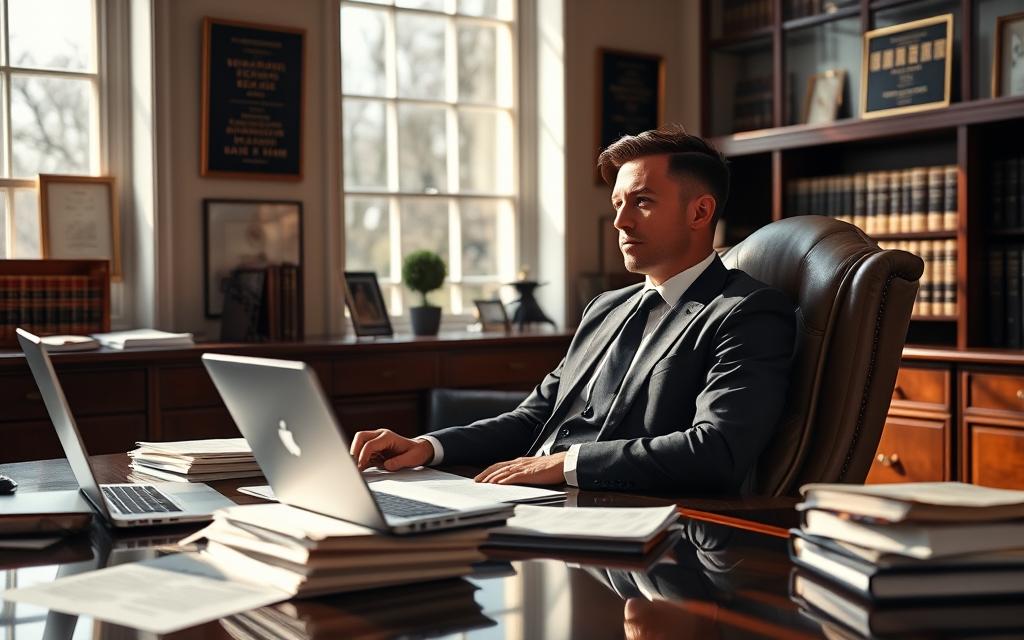 A Serene Law Office Interior, Bathed In Soft, Natural Light Filtering Through Large Windows. On The Desk, An Array Of Documents And A Laptop, Signifying The Diligent Work Involved In Mitigating License Point Strategies. The Walls Are Adorned With Degrees And Accolades, Instilling A Sense Of Expertise And Professionalism. A Contemplative Lawyer, Dressed In A Sharp Suit, Sits In A High-Backed Leather Chair, Meticulously Reviewing Case Files, Determined To Find The Best Solutions For Their Clients. The Atmosphere Conveys A Sense Of Calm Focus, With The Promise Of Successful Outcomes For Those Seeking To Navigate The Complexities Of Traffic Violations.