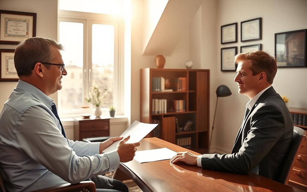 A Well-Lit, Airy Law Office Interior With A Professional-Looking Traffic Attorney Sitting At A Desk, Engaged In A Consultation With A Client. The Attorney Has A Warm, Empathetic Expression And Is Gesturing While Explaining Documents. Sunlight Streams Through Large Windows, Creating A Sense Of Openness And Trust. The Client, Seated Across The Desk, Appears Attentive And Slightly Anxious. The Room Is Tastefully Decorated With Framed Legal Certifications, A Bookshelf, And Subtle Law-Themed Decor, Conveying The Attorney'S Expertise And Authority. The Overall Tone Is One Of Professional Competence And Personal Care, Reflecting The Specialized Legal Defense Offered For Traffic Violations.