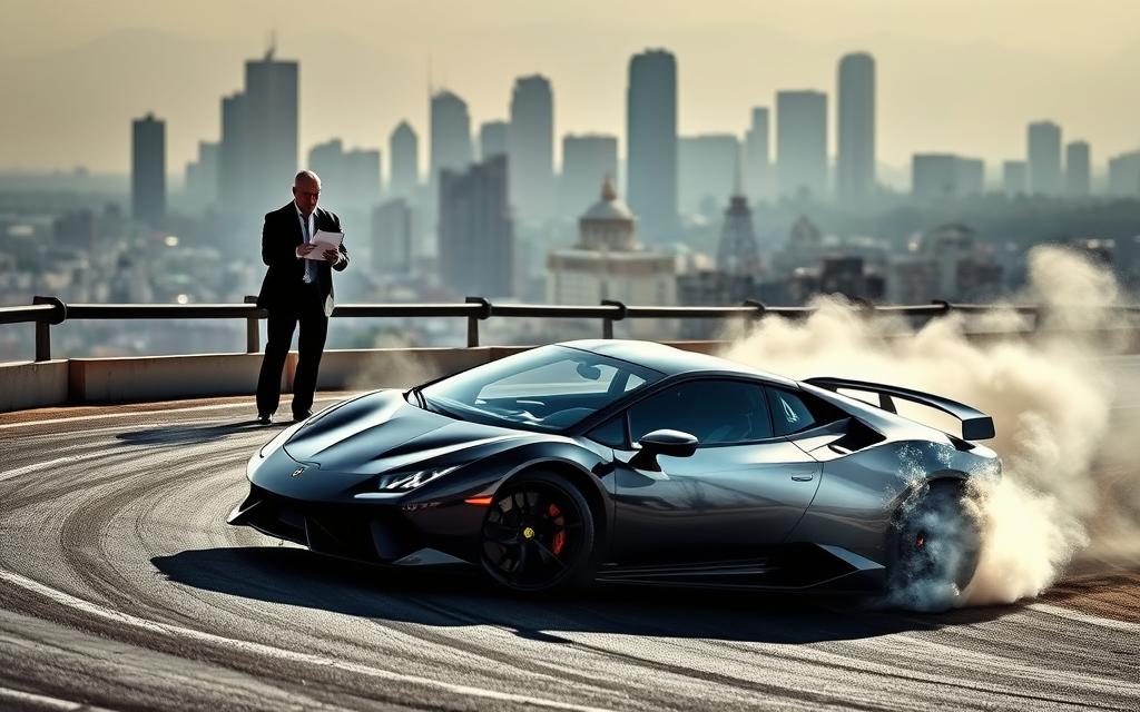 An Intricate Scene Depicting Reckless Driving Defense Strategies. In The Foreground, A High-Performance Sports Car Skids Sideways, Tires Smoking, As The Driver Skillfully Navigates A Tight Turn. Mid-Ground, A Team Of Legal Experts Pore Over Documents, Strategizing Their Defense. In The Background, The City Skyline Looms, Hazy And Ominous, Setting The Tone For A Tense Legal Battle. Dramatic Lighting Accentuates The Intensity, With Shadows And Highlights Creating A Sense Of Urgency. Realistic Textures, From The Sleek Car To The Crumpled Paperwork, Lend An Air Of Authenticity To The Image. The Overall Composition Conveys The Gravity Of The Situation And The Critical Importance Of Effective Legal Representation.